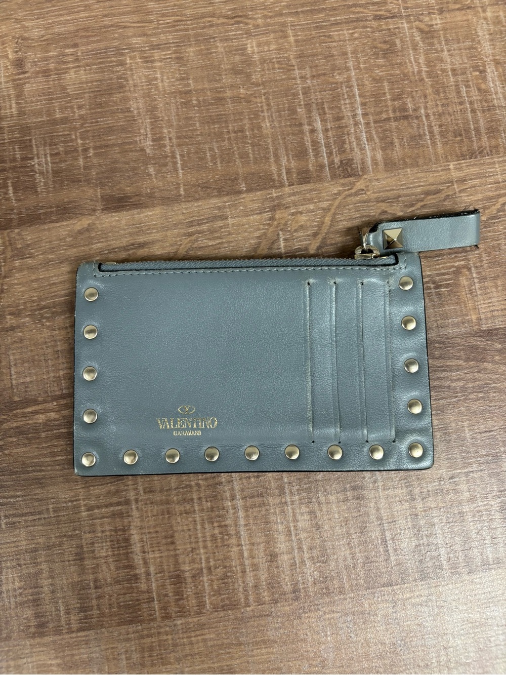 Valentino Garavani Green-Gray Studded Leather Card Holder with Zip Strap